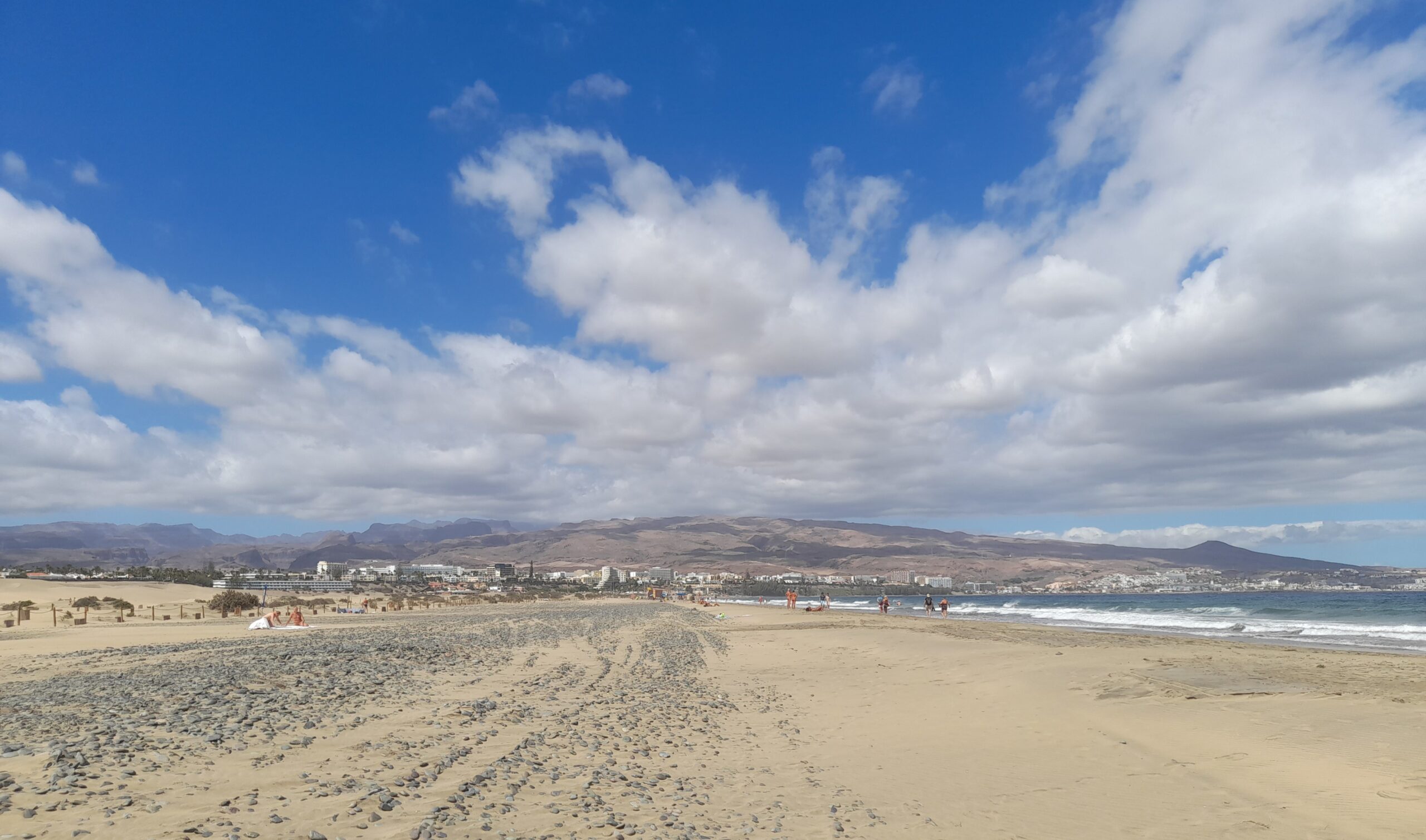 Golden sand beach with a blue sky and white clouds