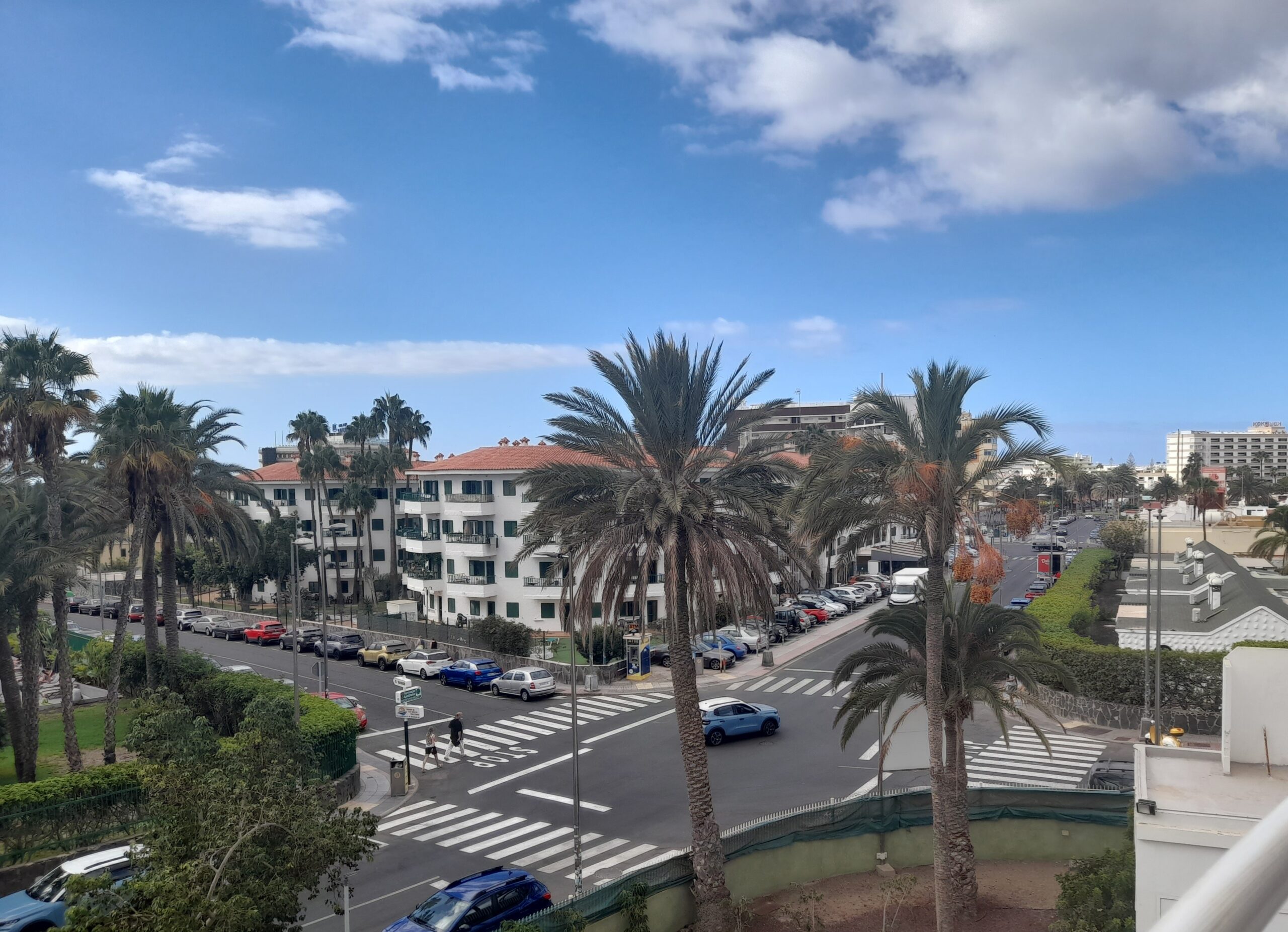 On a Balcony Overlooking Palm Trees, Roads and Buildings with a Blue Sky